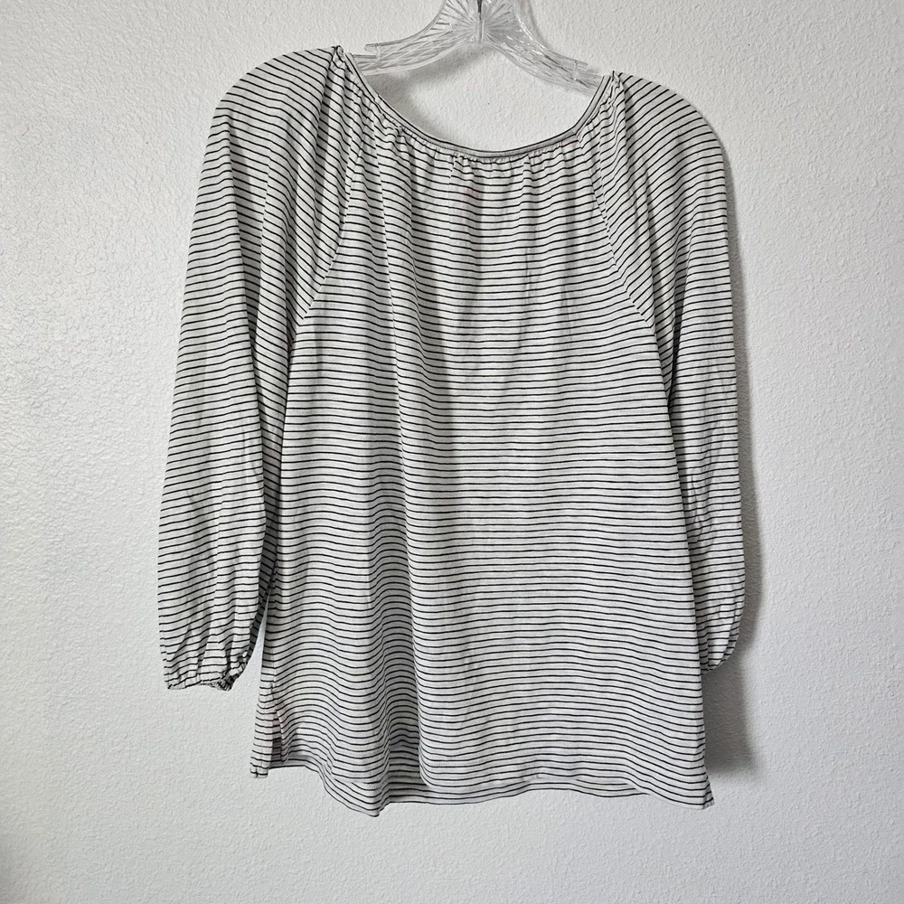 Boden Womens Striped Scoop Neck Slub Knit Blouse Navy White Pink Trim Size M